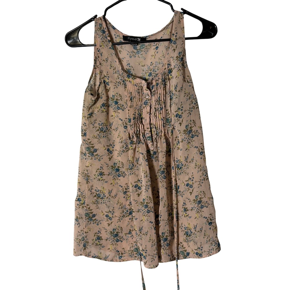 Forever 21 Pink Floral Pintuck Pleated Sleeveless Chiffon Blouse Small